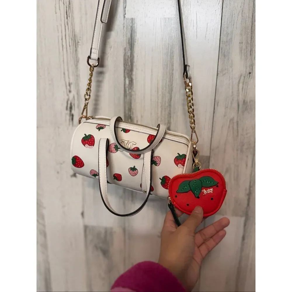 Juicy Couture Strawberry Print Barrel Purse with Coin Pouch | White Pink Red Cro